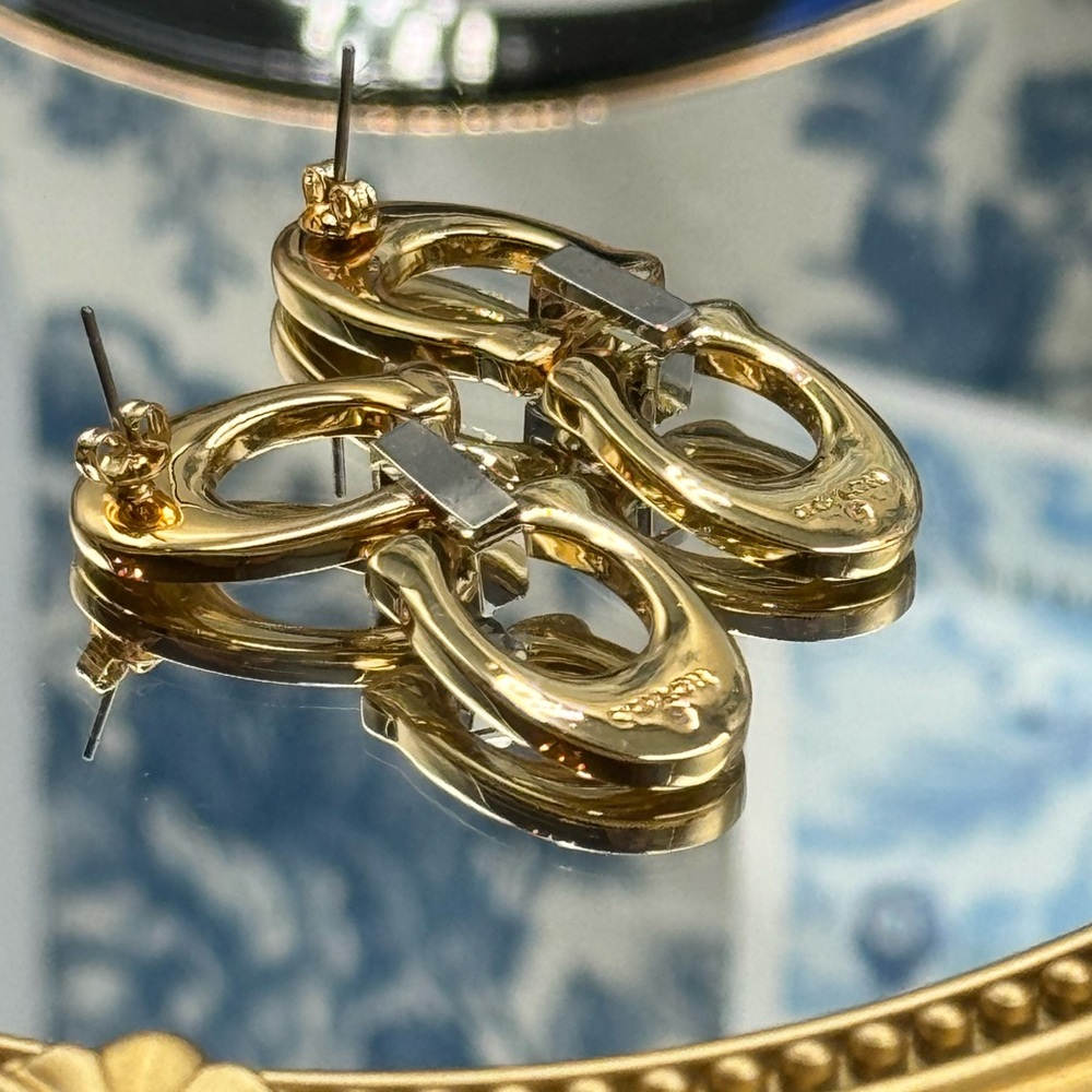 🆕 COACH 🧿 NWT Double Logo Two-Toned Chunky Bejewelled Link Earring - Picture 13 of 15